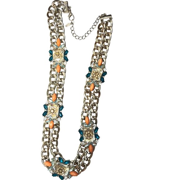 Double Chain Chunky Rhinestones Necklace Orange Teal Gold-Tone Unique Statement - Picture 2 of 12